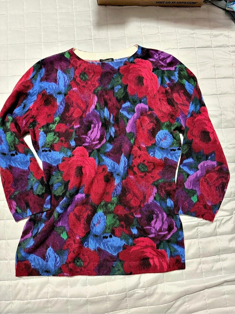 Talbots Audrey Cashmere Sweater Floral Red & Purple Medium